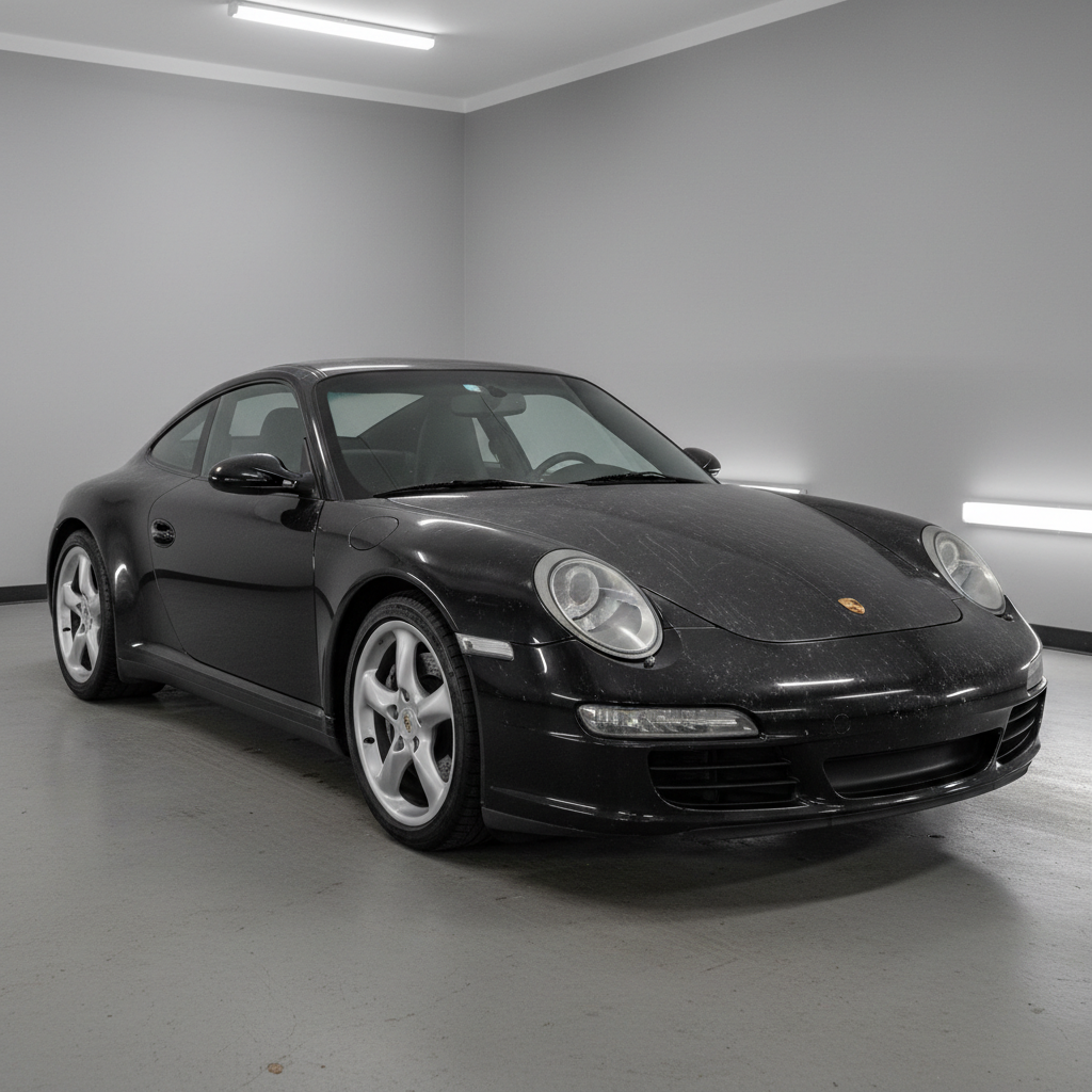 Porsche 911 negro con pintura dañada, rayones circulares, swirls visibles y opacidad por el sol - estado antes del tratamiento